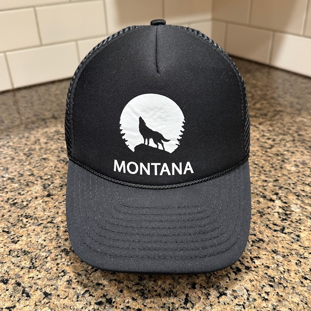 Vtg 90s Montana Wolf Howling Moon Nissin Trucker Cap Black